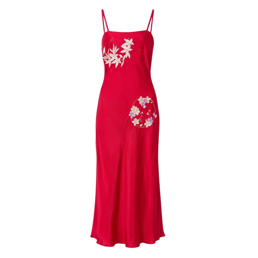 Vintage Natori Red Satin Applique Slip Nightgown Maxi Dress SMALL Coquette Y2K